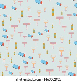 Wine bottles, corks and wine glasses seamless pattern. Vector.
