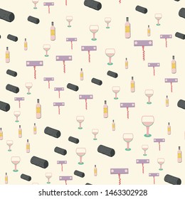 Wine bottles, corks and wine glasses seamless pattern. Vector.