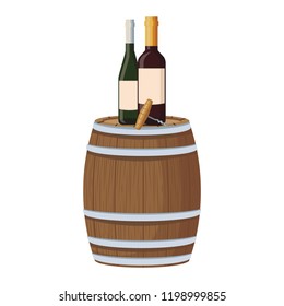 Wine bottles and corkscrew on barrel
