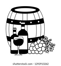 wine bottles cup barrel and fresh grapes vector illustration