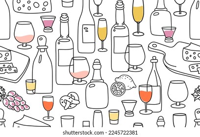 Wine bottles and different glasses with snacks seamless pattern. Changeable background.