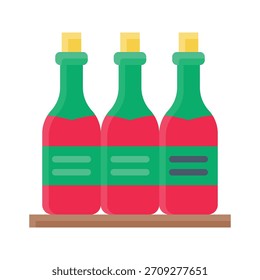 Exhibición de las botellas de vino en la Ilustración vectorial del estante, icono plano del estilo