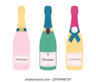 Wine bottles. Doodle champagne and prosecco vintage glass bottles wine. Flat vector icons set