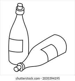 Wine bottles Doodle Illustration Vector Outline. Cute, hand drawn, black and white, two, couple.