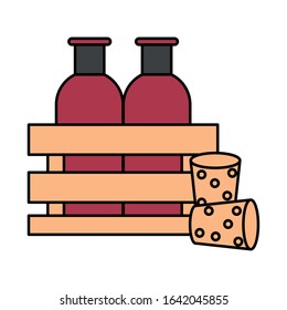 wine bottles drink in basket with corks vector illustration design