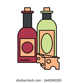 wine bottles drink with cheese vector illustration design
