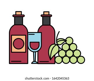 wine bottles drink with grapes vector illustration design