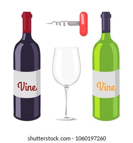 Wine bottles and empty glass corkscrew, wine bottles with labels and letterings, beverages and drinks vector illustration isolated on white background