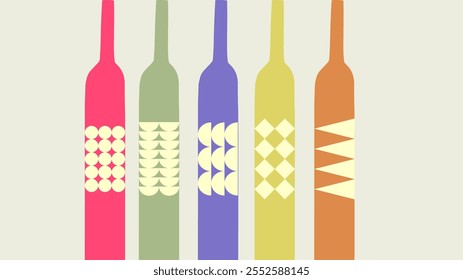 Wine bottles featuring bold, hand-drawn motifs in vibrant colors create a charming and inviting banner perfect for parties or winery events.