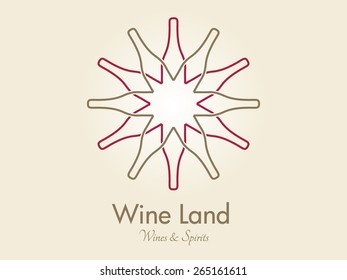 Wine Bottles forming a circle icon. Business sign & corporate identity template for wine & spirit selling business, store, boutique. Vector graphics for wine diversity, freedom. Sample text. Editable