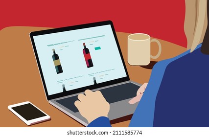 wine bottles gallery in monitor laptop to buy online. Remote modern shopping using apps technology from home