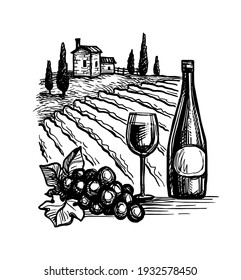 Wine bottles and glass. Bunch of grapes. Vineyard landscape. Ink sketch isolated on white background. Hand drawn vector illustration. Retro style.