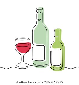 Wine bottles and glass continuous line colourful vector illustration