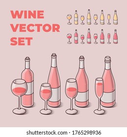 Wine bottles and glass vector set