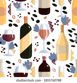 Wine bottles, glasses, abstract shapes. Hand drawn vector seamless pattern. Colorful flat background in retro scandinavian style. For design, print, decor, wallpaper, fabric, textile, wrapping, card.