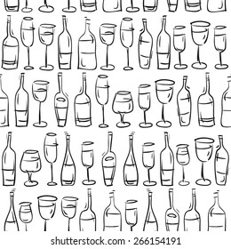 wine bottles and glasses arranged in lines sketch hand drawings, seamless pattern, black and white background