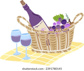 Wine bottles and glasses in a basket, hand-drawn stylish illustration with colored pencil texture