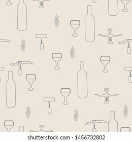 Wine bottles and wine glasses black silhouette on pink background seamless pattern. Vector.