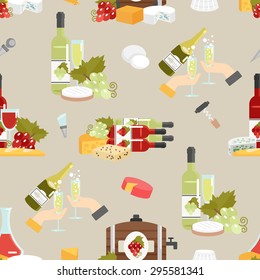 Wine in bottles and glasses with cheese and accessories flat color decorative seamless pattern vector illustration