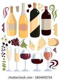 Wine bottles, glasses, cheese, grapes, olives, abstract shapes. Collection of flat hand drawn vector illustrations. Colorful elements in scandinavian style. Set for design, print, decor, card, sticker