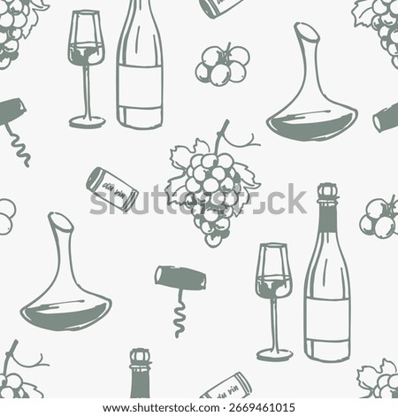 Wine bottles, glasses, corkscrews, corks, decanters and grape bunches seamless pattern on white background. Hand drawn sketch style illustration. Wine tasting and vineyard concept