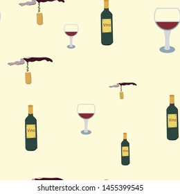 Wine bottles, glasses and corkscrews on beige background seamless pattern. Vector.