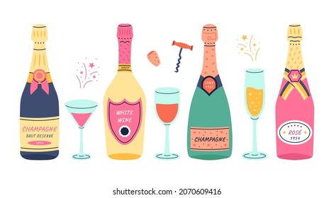 Wine bottles with glasses. Doodle champagne and prosecco vintage glass bottles of white and red sparkling wine, holiday and wedding glasses. Vector set