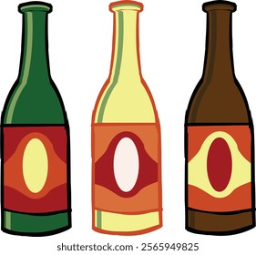 Wine bottles with glasses. Doodle champagne and prosecco vintage glass bottles of white and red sparkling wine, holiday and wedding glasses. Vector set