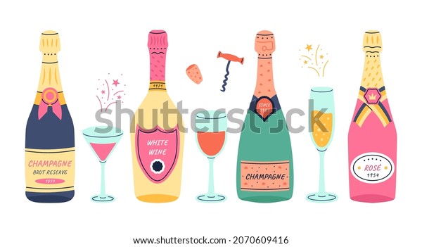 Wine bottles with glasses. Doodle
champagne and prosecco vintage glass bottles of white and red
sparkling wine, holiday and wedding glasses. Vector
set