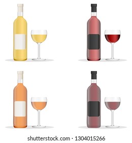 Wine bottles and glasses filled with different varieties of wine. Set of white, rose, and red wine bottles and glas. isolated on white background