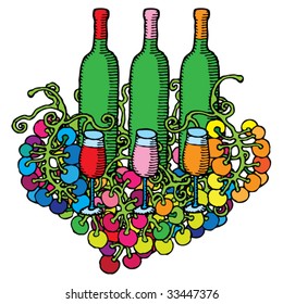 wine bottles with glasses and grape by sorts composition