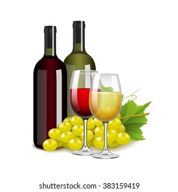 Wine bottles glasses and grapes isolated photo-realistic vector illustration