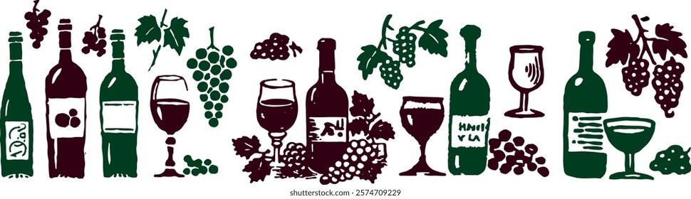 Wine Bottles and Glasses Grapevines and Grapes Cute Cooking Drink Vector Set Illustration