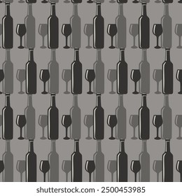 Wine bottles and glasses in horizontal rows on gray background seamless vector pattern for textile printing, wallpaper, wrapping paper.