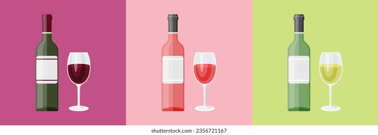 Wine bottles with glasses icon in flat style. Alcohol drink vector illustration on isolated background. Champagne beverage sign business concept.
