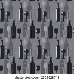 Wine bottles and wine glasses icons on gray background seamless vector pattern for textile printing, wallpaper, wrapping paper.