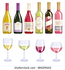 Wine bottles and glasses icons set. Alcohol vector illustration. Red wine, white wine, rose wine.