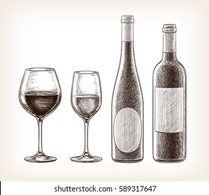 Wine bottles and glasses Isolated on white background. Hand drawn vector illustration. Retro style.