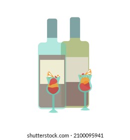 Wine in bottles and glasses. Multicolored festive drink and lemon wedges in glasses. Vector illustration on an isolated background.