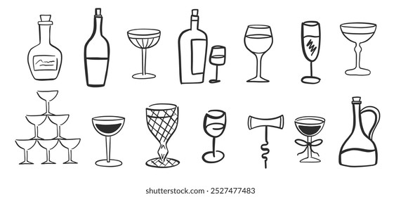 Wine Bottles and Glasses Outline Ink Sketch Drawing Collection. Logo Design Template Hand Drawn Elegant Vector illustrations Set