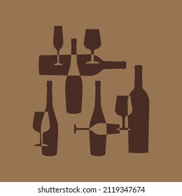 Wine bottles and glasses retro style warm brown silhouette vector background