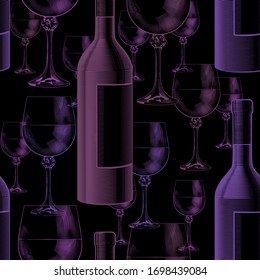 Botellas de vino y vasos de fondo transparente. Dibujo estilizado en blanco y negro con grabado vintage. Ilustración vectorial.