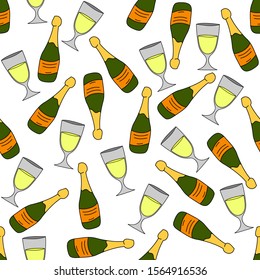 Wine bottles with glasses. Seamless pattern with transparent background. Vector graphics