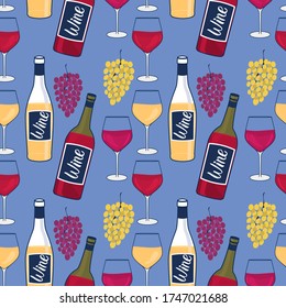 Wine bottles and glasses seamless pattern. WineGlasses. Bunches of grapes. Design winery surface Vector hand illustration on a blue background.