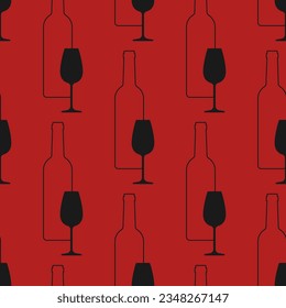 Wine bottles and glasses seamless pattern. Black elements on red background. Best for textile, bar decoration, wallpapers, wrapping paper, package and web design.