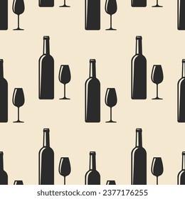 Wine bottles and glasses seamless pattern. Black elements on beige background. Best for textile, bar decoration, wallpapers, wrapping paper, package and your design.