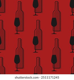 Garrafas de vinho e copos sem costura padrão. Elementos pretos em fundo vermelho. Melhor para têxtil, decoração de bar, papéis de parede, papel de embrulho, pacote e web design.