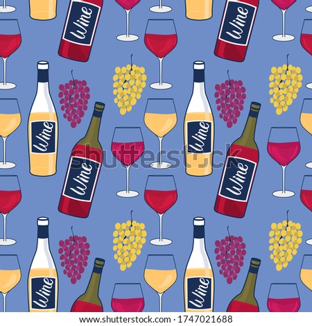 Wine bottles and glasses seamless pattern. WineGlasses. Bunches of grapes. Design winery surface Vector hand illustration on a blue background.