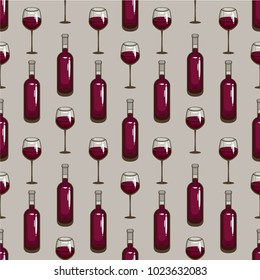 Wine bottles and wine glasses seamless vector pattern. Gourmet food vector illustration. Design for menu decoration, fabric and packaging.