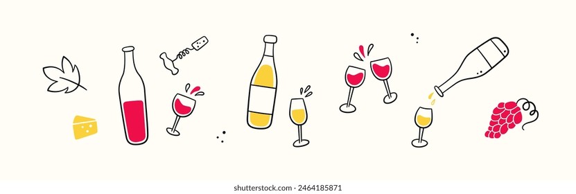 Botellas de vino y vasos. Vierte vino en el vaso de la botella. Elementos de líneas dibujadas a mano. Queso, uvas rojas y sacacorchos. Champán salpicado. Ilustración vectorial en estilo doodle sobre fondo claro.